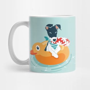 Summer pool pawty // aqua background greyhound dog breed in vacation playing on swimming pool Mug